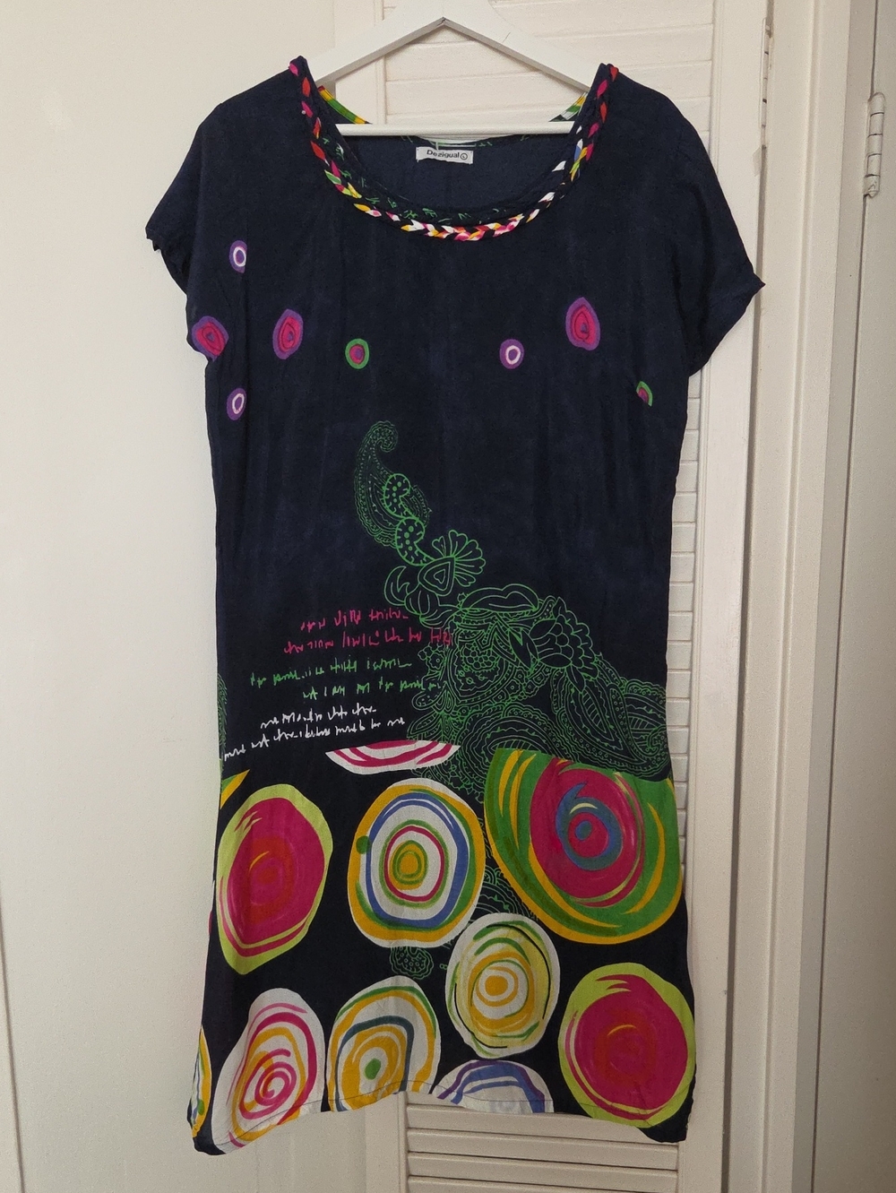 VTG Desigual Navy Dress with Pink, Green, Yellow & White Circular Print Size L